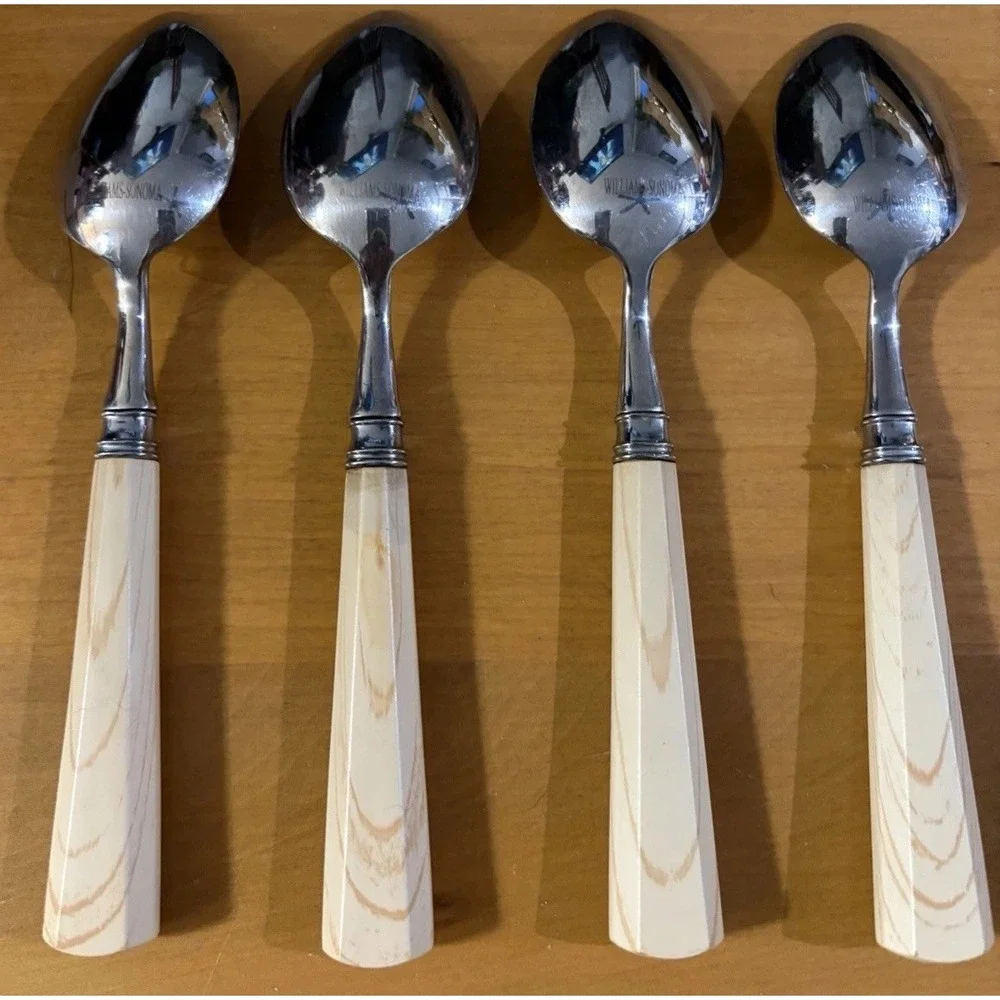 Set 4 Williams Sonoma Stainless Steel Teaspoons Faux Wood Grain Resin Handles